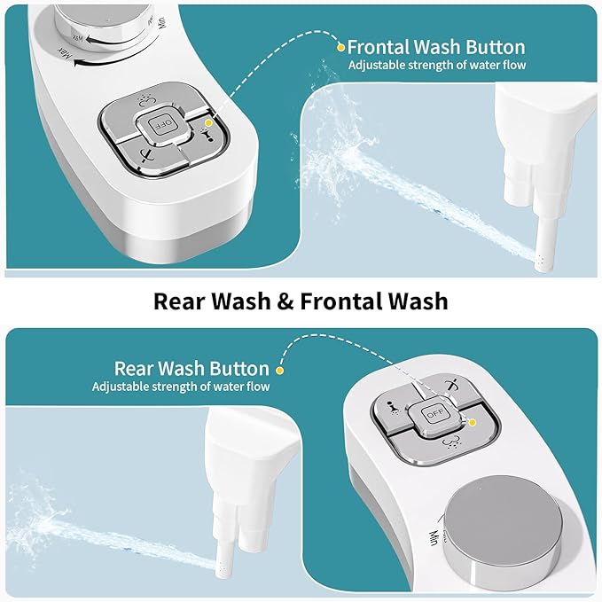 PIKETS Bidet Attachment for Toilet, Dual Nozzle (Frontal and Rear Wash) Non-Electric Fresh Water Toilet Seat Attachment with Nozzle Self Cleaning, Adjustable Water Pressure(Chrome Silver)