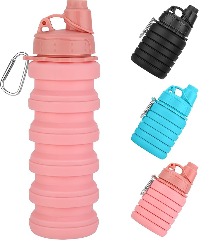 Collapsible Water Bottles, 17oz Reusable BPA Free Silicone Foldable Water Bottle With Carabiner, Lightweight Leakproof Travel Water Bottle for Gym, Traveling, Camping, Hiking, Sports-Pink