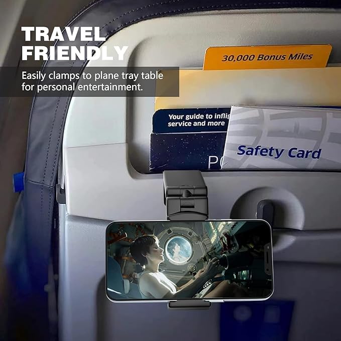 Airplane Travel Essentials Phone Holder, Universal Handsfree Phone Mount for Flying with 360 Degree Rotation, Accessory for Airplane, Travel Must Haves Phone Stand for Desk (Black)