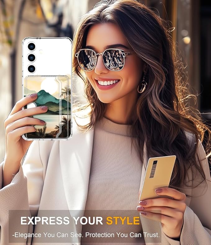 Compatible with Samsung Galaxy S24+ Plus / S25+ Plus Case Card Holder for Women Cute Design,Wallet Phone Cases Transparent Cool Kawaii Protective (Clear Ocean Sun Mountains Sunset)