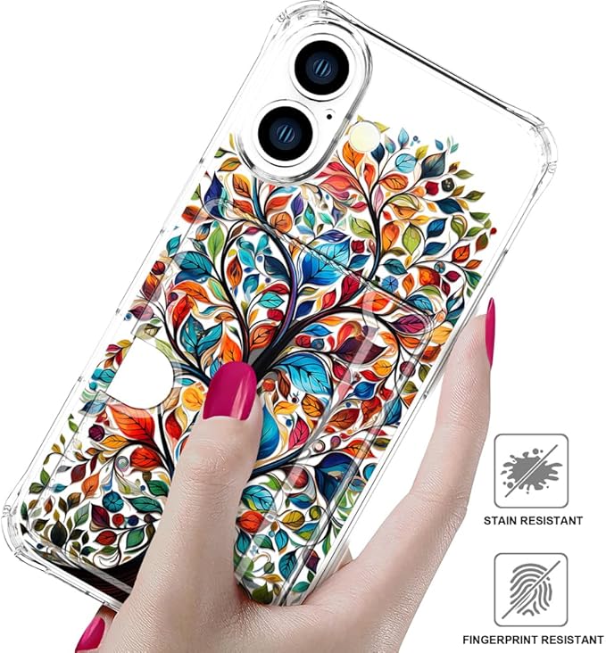 Compatible with iPhone 16 Plus Case Card Holder for Women Cute Design,Wallet Phone Cases Transparent Cool Kawaii Protective (Clear Tree Colorful Leaves)