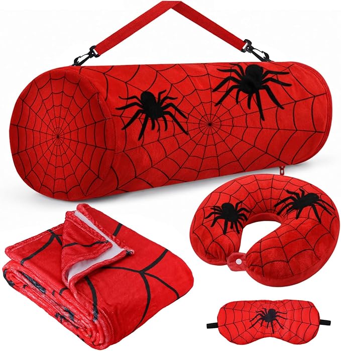Moukeren 4 Pcs Spider Travel Pillow and Blanket Set Travel Airplane Essentials with Memory Foam Neck Pillow Soft Fleece Blanket Eye Mask and Spider Storage Bag for Boys Girls Sleeping Use
