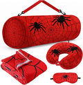 Moukeren 4 Pcs Spider Travel Pillow and Blanket Set Travel Airplane Essentials with Memory Foam Neck Pillow Soft Fleece Blanket Eye Mask and Spider Storage Bag for Boys Girls Sleeping Use