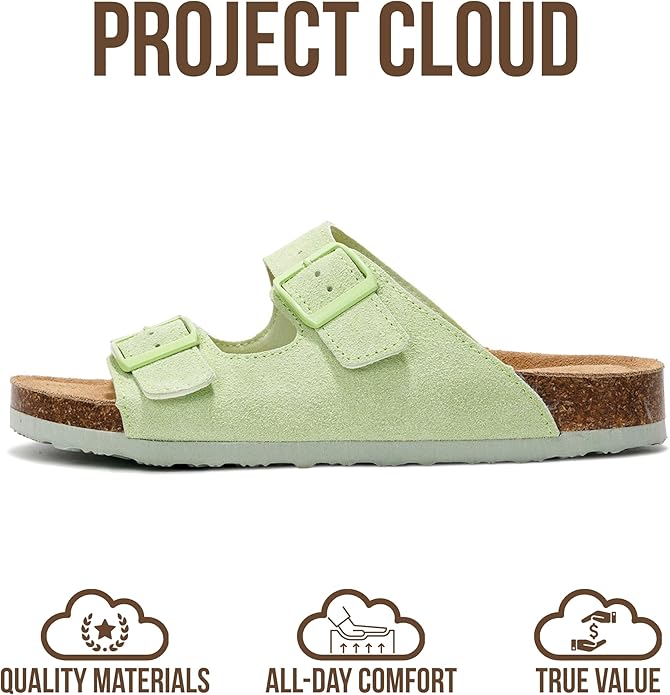 Project Cloud 100% Genuine Leather Flat Sandals For Women 2026 Cork Footbed Womens Sandals with Memory Foam and arch support Vacation Essentials Slides for Women Footwear (Venita)