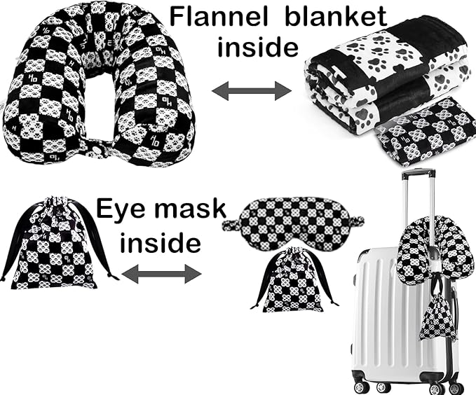 Travel Pillow with Detachable Flannel Blanket & Eye Mask – Plush Velvet Neck Support Pillow for Airplane,Car,Office Rest,Coordinated Digital Print Set (Black Dog Claw Grid, 50in * 60 in)