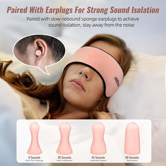 Plush Sleep Mask - Adjustable Headband, 2 in 1 Eye & Ear Mask for Men & Women, Soft Eye Cover for Side Sleepers (Pink)