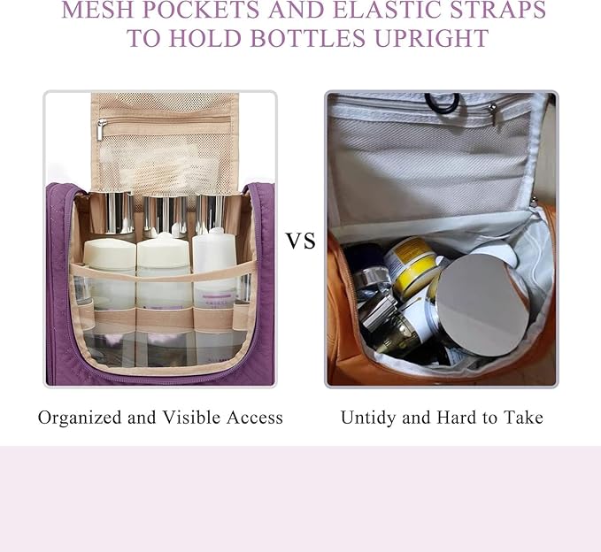 BAGSMART Atlas Travel Toiletry Bag for Women, Hanging Toiletry Bag with Hook, Travel Cosmetic Makeup Bag Travel Organizer for Accessories, Shampoo, Full Sized Container, Toiletries,Purple-Medium