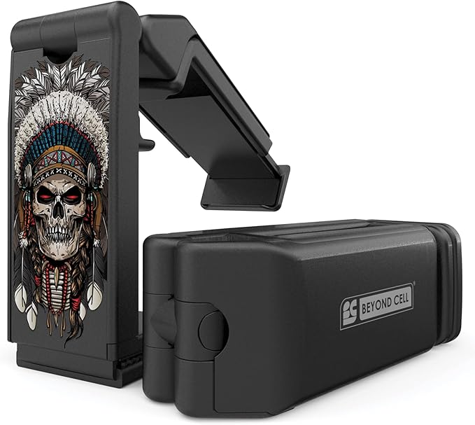 Beyond Cell Travel Accessories, Universal Seat Back Tray Table Hands Free Phone Clip Holder, Adjustable Pocket Size Airplane Travel Essentials Compatible with iPhone and Android Native Skull Head