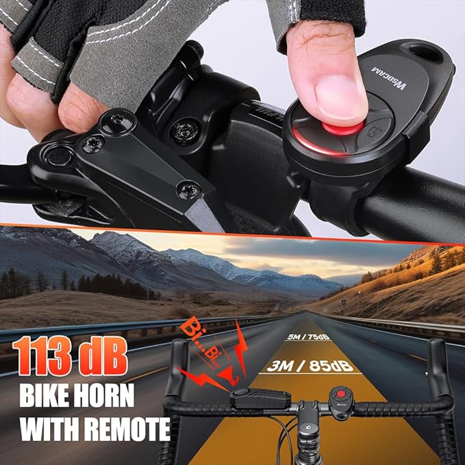 WSDCAM Upgraded Bike Alarm with Remote - 113dB Loud Anti-Theft Security Alarm, 197ft Remote Range, IP65 Waterproof, USB-C Rechargeable, Bike Horn & Locator for E-Bikes, Bicycles, Scooters, Motorcycles