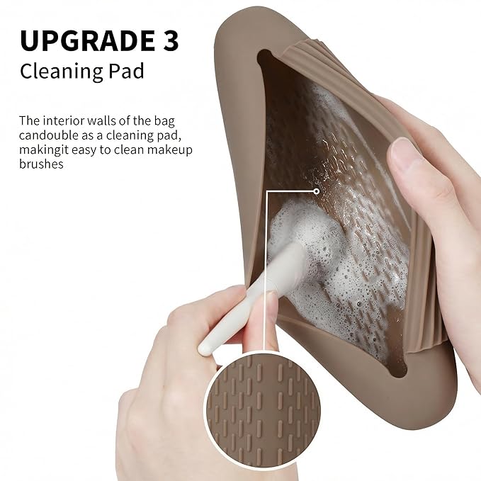 AGIKET Silicone Makeup Brush Holder Travel Cosmetic Bag：Soft Portable Cosmetic Face Brushes Holder with Upgrade Anti-Fall Out Magnetic Closure, Large Travel Makeup Brush Case - Coffea