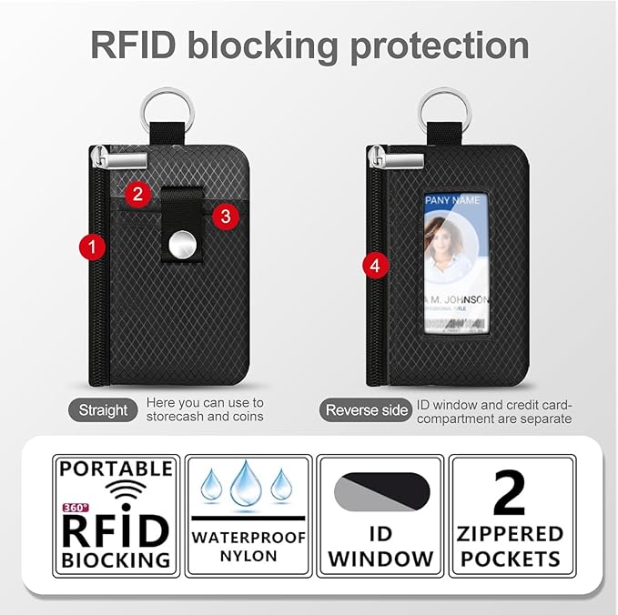 Minimalist RFID Blocking Small Wallet with ID Window,WaterResistant Zip Id Case Wallet with Lanyard Keychain for Cards,Cash,Travel,Women,Men (Black/DarkGrey)