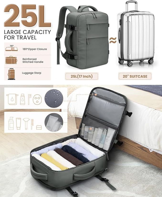 Pritent Travel Backpack for Women Man, Waterproof Laptop Backpack Travel Bag Airline Approved Carry on Weekender Overnight Bag Bookbag for Business,Travel, Work Fits 17.3 inch Laptop(Large,Green)