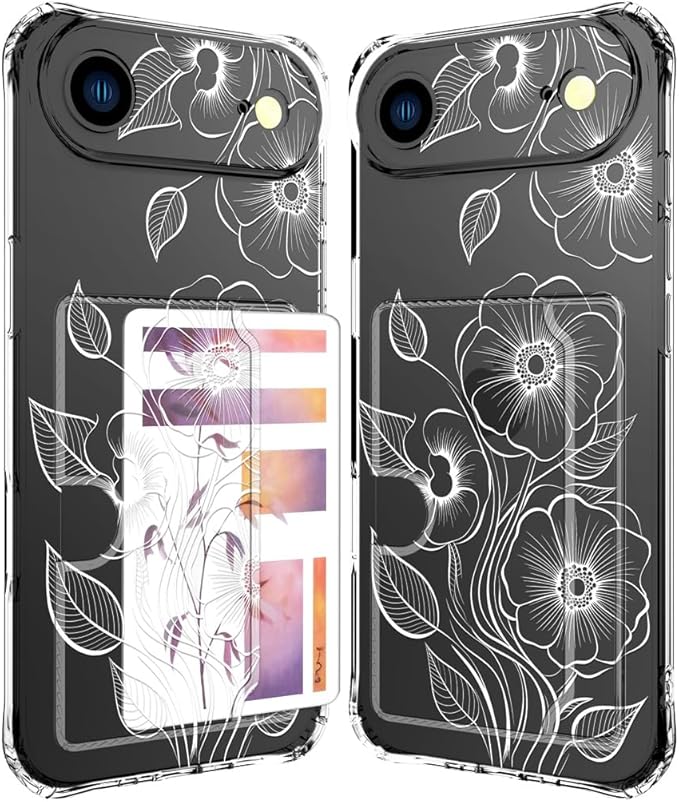 Compatible with iPhone 17 Air Case Card Holder for Women Cute Design,Wallet Phone Cases Transparent Cool Kawaii Protective (Clear Seamless Abstract Flower)