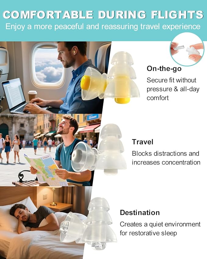 Airplane Ear Pressure Relief Earplugs - Painless Flying - Noise Reduction Travel Earplugs - Plane Travel Essentials - Comfortable Reusable Filtered Flight Ear Plugs for Adults