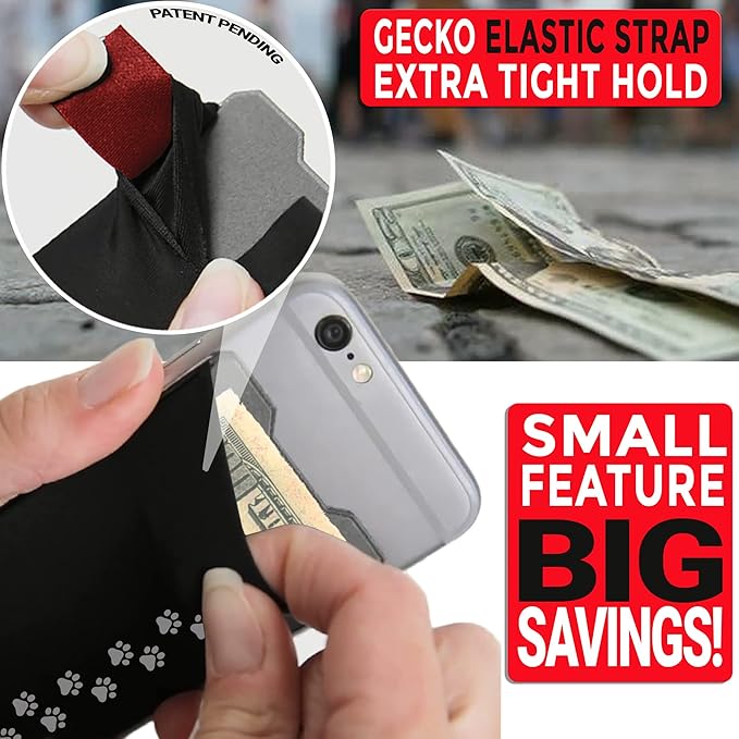 Phone Wallet - Adhesive Card Holder - Cell Phone Pouch - Stick on Lycra Pocket by Gecko - Carry Credit Cards and Cash