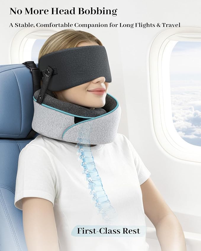 Travel Pillow for Long Flight Airplanes, Head Strap Combo & Eye Mask for Sleep, Airplane Neck Pillow with 360° Support Memory Foam to Prevent Head Bobbing, Road Trip Essentials, EVA Case, Light Grey