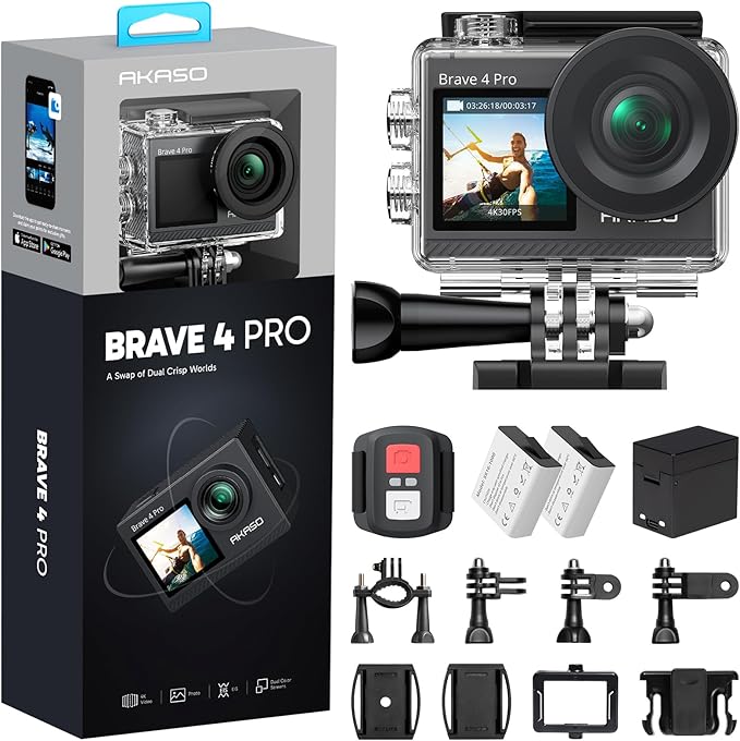 AKASO Brave 4 Pro 4K30FPS Action Camera - 131ft Underwater Camcorder Waterproof Camera with Touch Screen Advanced Electronic Image Stabilization Remote Control 5X Zoom Mini Sport Camera
