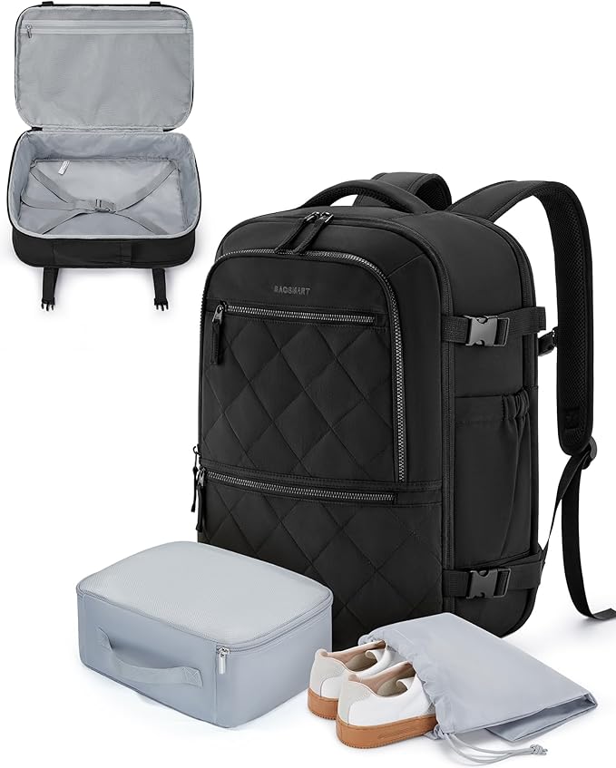 BAGSMART 30L Unisex Black Travel Backpack, 17 Inch Laptop Compartment, Water Resistant, Large Capacity, Padded Strap, Zipper Closure