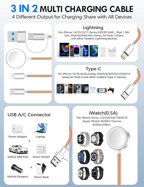 2Pack Multi Charging Cable Cord for Travel Essentials,Apple Watch Charger,iPhone Charger,[3-in-2] Type C/L Cable Portable Designed for iWatch,iPhone 17-8,Galaxy S25-21,AirPods,iPad-4FT Orange