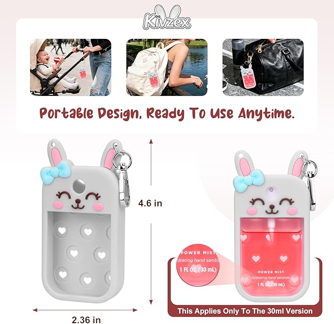 Bunny Silicone Case for Touchland Hand Sanitizer Spray with Keychain Holder, Compatible with Power Mist & Glow Mist 1 FL Oz/30ML for Touchland Case, Easter Cute Travel Cover Sleeve Grey
