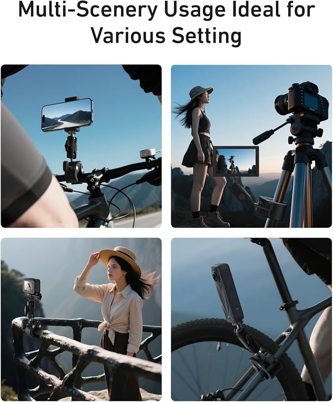 TELESIN Camera Clamp Mount Bike Motorcycle Handlebar Mounts Accessories, 360 Ball Joint Tube Roll Bar Holder Clip for DJI Osmo Pocket 4/DJI Osmo Action 6/Action 5 4 Pro/Hero 13 12 11 10 9/Insta 360 X5