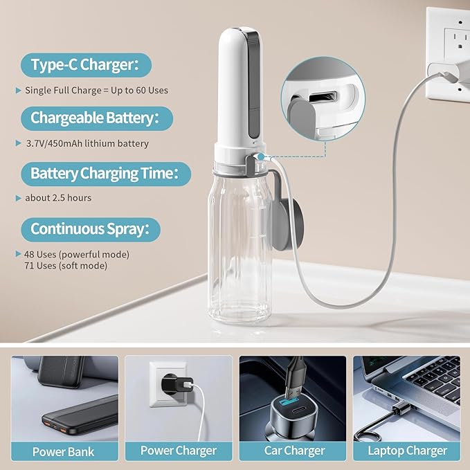Portable Bidet for Travel with 260ML Bottle, Rechargeable Electric Bidet Bottle for Women Men Baby Cleaning, Waterproof High Pressure Sprayer for Personal Hygiene (White & Gray)