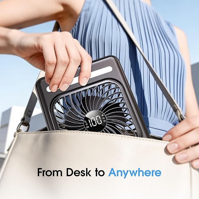 10000mAh Portable Travel Fan, 5 Speeds Strong Wind Cruise Fan with LED Lantern, 24H Runtime Cordless Personal USB Fan, 2/4/6/8H Timer, Ultra-thin Quiet Desk Fan for Camping, Office, Bedroom, Beach