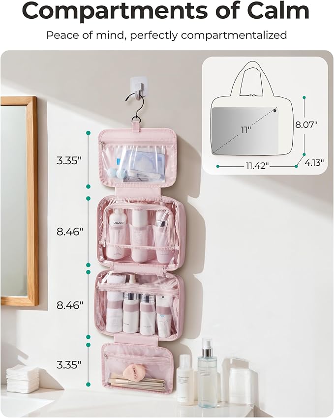 BAGSMART Travel Toiletry Bag for women, Portable Hanging Hook Makeup Bag Organizer, Waterproof Makeup Cosmetic Bag, for Full-Size Accessories, Toiletries,Coffee Brown