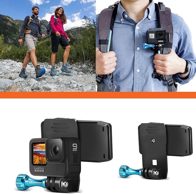 MiPremium Backpack Strap Clip Mount for GoPro Hero 13 12 11 10 9 8 7 6 5 4 3+ Session Black Silver XIAOYI 4K SJCAM Yi Sports Action Camera Perfect Shoulder and Hat Quick Release Clamp Body Cam Holder