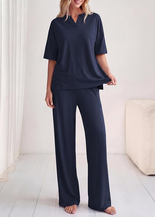 KIRUNDO Womens 2 Piece Matching Lounge Set Airport Travel Vacation Summer Outfits Oversized Short Sleeve Tops Wide Leg Pants