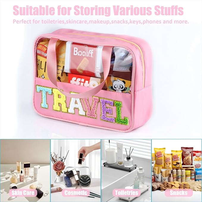 BuyCard Chenille Letter Patch Clear Travel Bags, Preppy PVC&Nylon Makeup Bag with Handle and Zipper, Waterproof Large Clear Travel Toiletry Bag Storage Bag for Women Girls