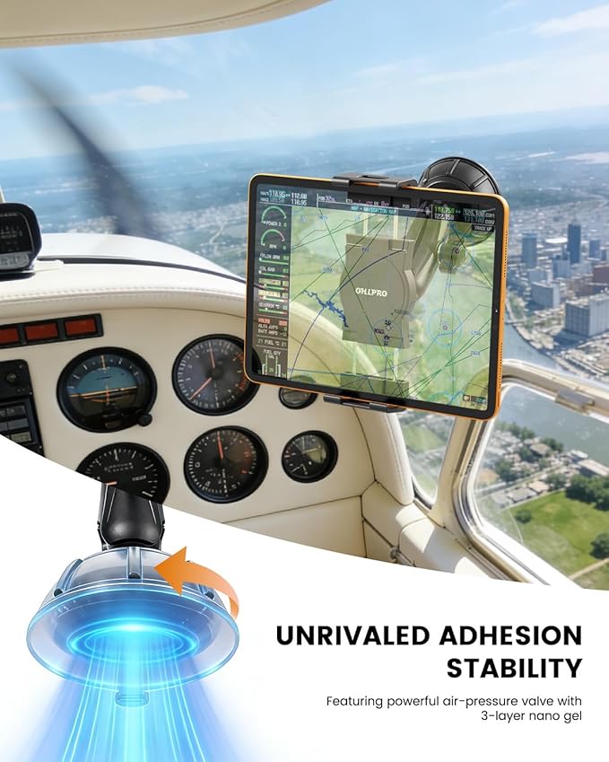 OHLPRO Tablet Holder for Pilot Aircraft Windshield, Anti-Vibration Suction Cup Aviation Mount, Fits 5-13" iPad Pro 12.9, Mini 6, Air & Thick Cases, Heavy Duty for Car Dashboard, Cockpit, Truck