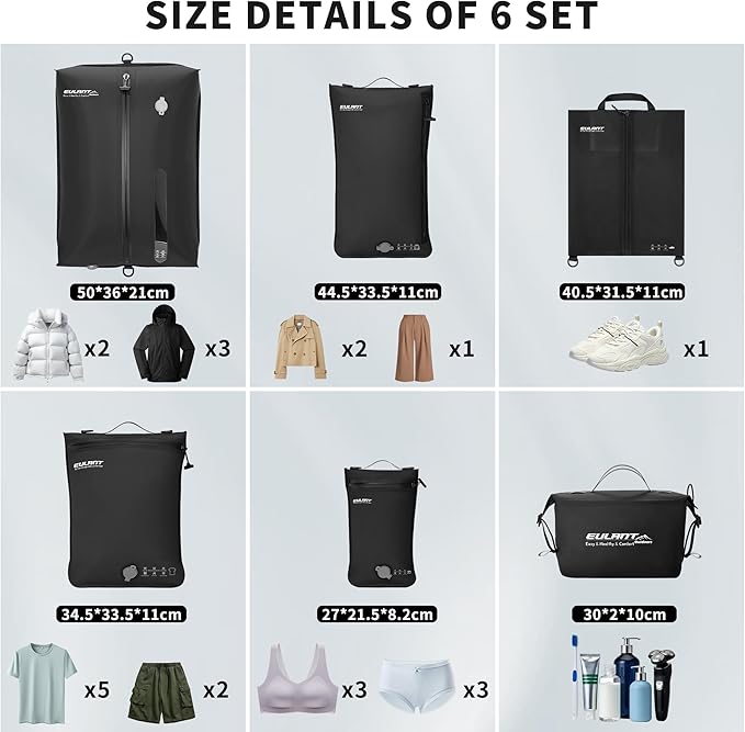Eulant Ski Suit 6 Set Vacuum Packing Bags for Travel With Pump,Professional IPX8 Zip Packing Organizer for Suitcases Backpack,Space Saver Bags Packing Organizers for for Family trips, skiing,Christmas