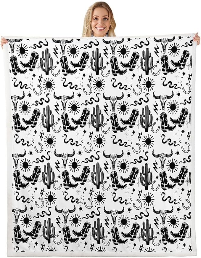 Western Cowboy Kids Throw Blanket,Horseshoe Cowboy Boots Cow Skull Bed Blanket for Girls Boys Adults,Sun Starry Sky Snake Fleece Blanket,Rustic Retro Fuzzy Blanket,Throw Size (50 x 60 Inches)