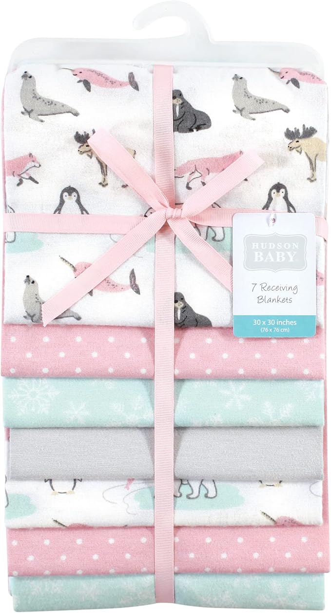 Hudson Baby Unisex Baby Cotton Flannel Receiving Blankets Bundle, Girl Arctic Animals, One Size