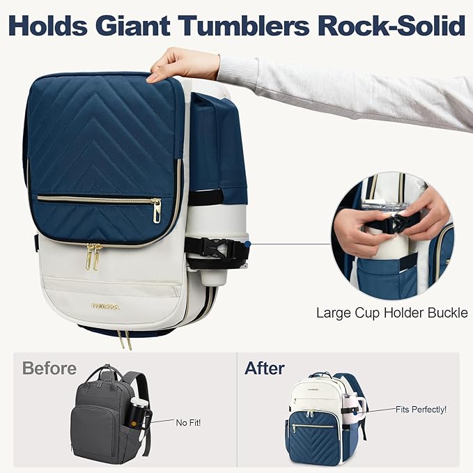VANKEAN Laptop Backpack for Women with Giant Tumbler Holder Pocket,17.3 inch School College Book Bag Nurse Teacher Backpack,Waterproof Work Travel Backpack Purse Laptop Computer Bag, Beige-Haze blue