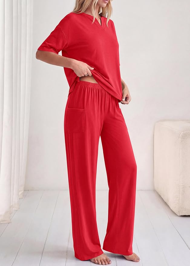 KIRUNDO Womens 2 Piece Matching Lounge Set Airport Travel Vacation Summer Outfits Oversized Short Sleeve Tops Wide Leg Pants