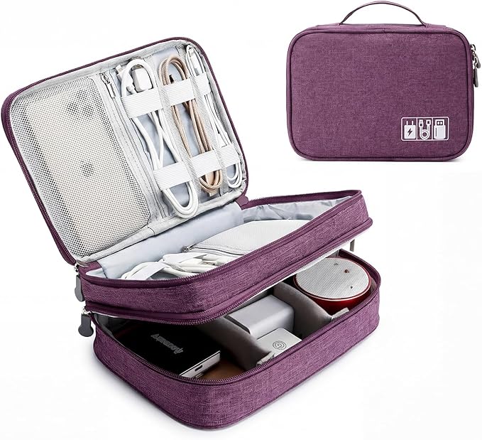 Lanola Travel Cable Organizer Bag, Electronic Accessories Case Portable Double Layer Cable Storage Bag for Cord,phone,Charger, Flash Drive, Phone, SD Card,Personal Items - (Purple)