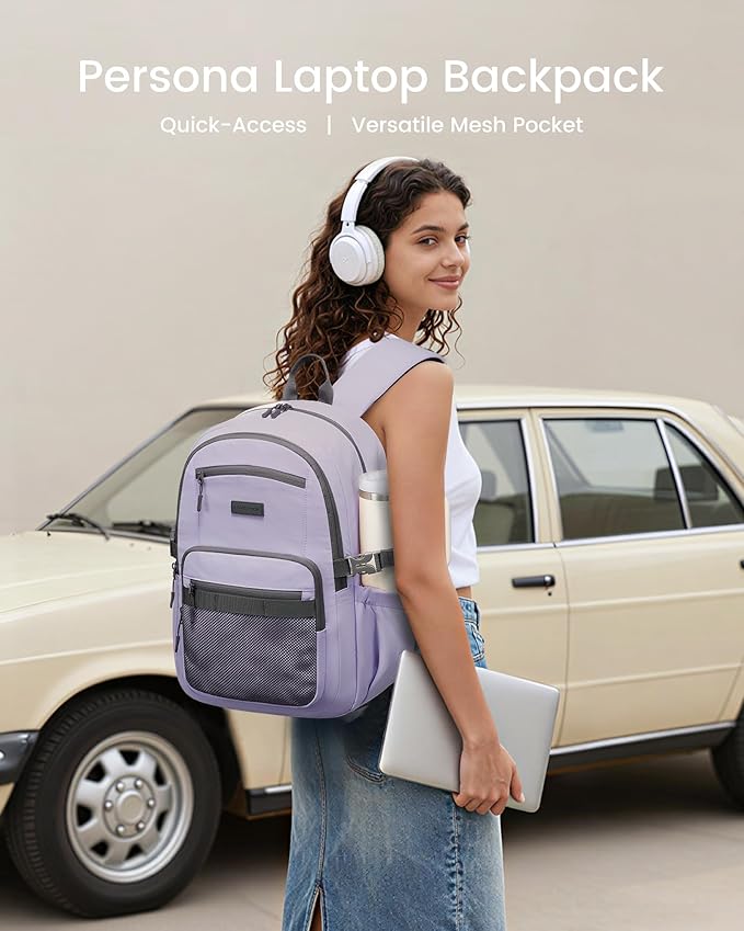 LOVEVOOK Laptop Backpack Women with 40oz Cup Holder Buckle Strap, 17.3 Inch Tech-Ready Work Backpack, TSA-compliant for Travel & College with Versatile Mesh Pocket, Mauve
