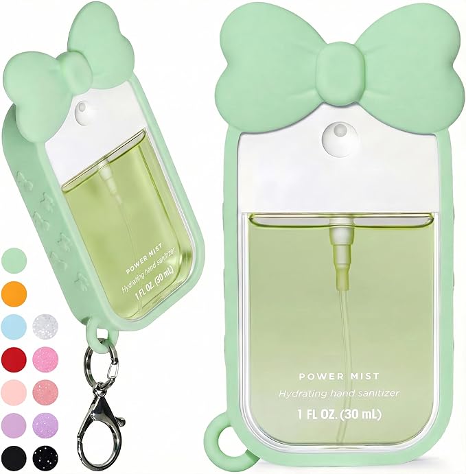 Silicone Bow Case Compatible with Touchland Hand Sanitizer Spray 1 oz (30 mL), Cute Holder with Keychain Clip, Gift for Girls