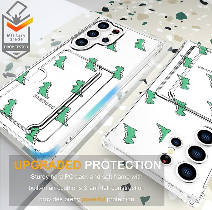 Compatible with Samsung Galaxy S24 Ultra Case Card Holder for Women Cute Design,Wallet Phone Cases Transparent Cool Kawaii Protective (Clear Lovely Dinosaurs Animal)