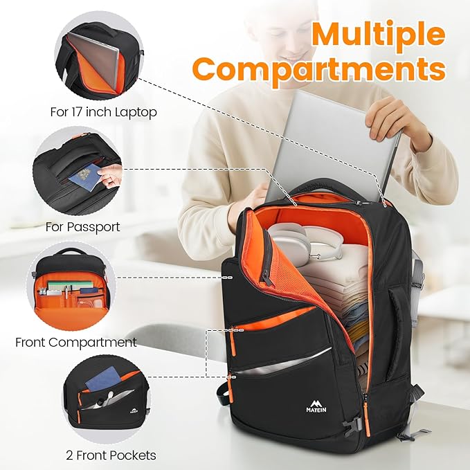 MATEIN Carry on Backpack for Airplanes, 40L Travel Backpack Airline Approved with Shoe Compartment Detachable, Water Resistant Large Carry on Bag with Wet Pocket for Flight Essentials, Fits 17" Laptop