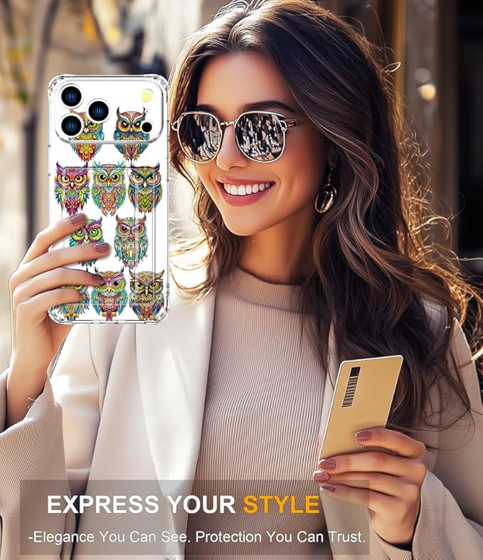 Compatible with iPhone 17 Pro Case Card Holder for Women Cute Design,Wallet Phone Cases Transparent Cool Kawaii Protective (Clear Colorful Owls Cartoon)