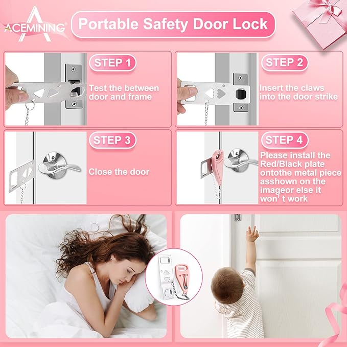 Portable Door Lock Home Security Door Locker Travel Lockdown Locks for Additional Safety and Privacy Perfect for Traveling Hotel Home Apartment College-Pink-4 Pack