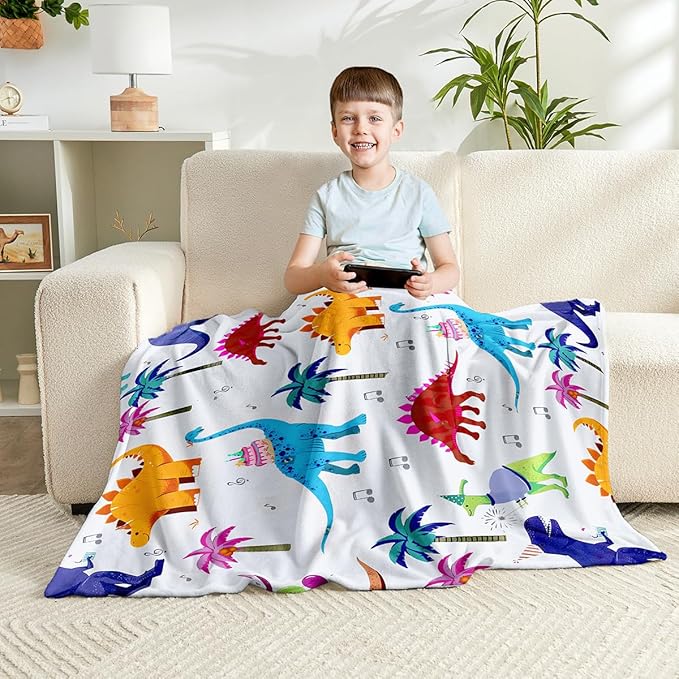 Wajade Toddler Fleece Dinosaur Blanket for Boys, Soft Throw Blanket with Dinosaur Print, Birthday Christmas Halloween Decor for Children, 50"x60"