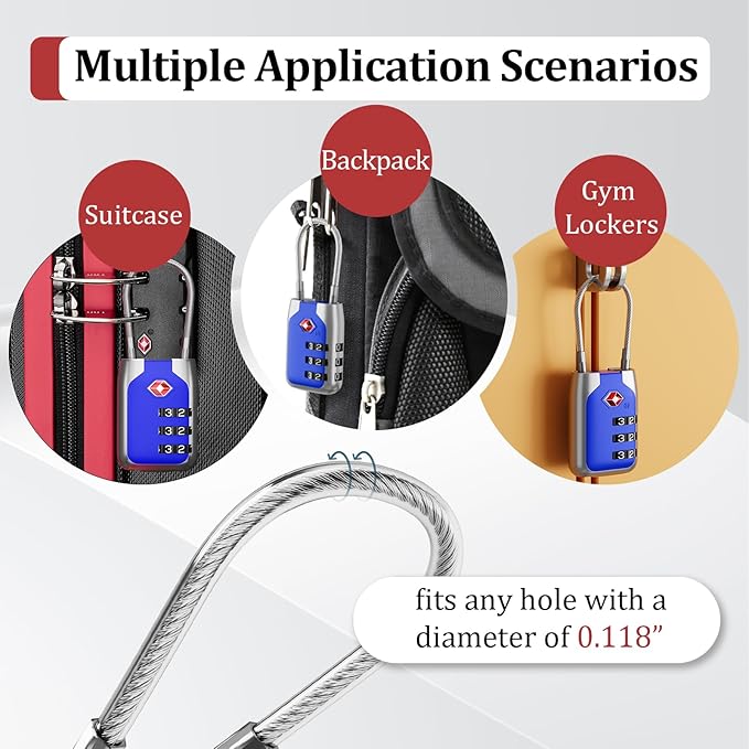 Joyway TSA Approved Luggage Lock, 3 Digit Combination Cable Lock with Alloy Body, Travel Combination Locks for Suitcases, Backpack and Golf Bag (Blue, 2Pack)