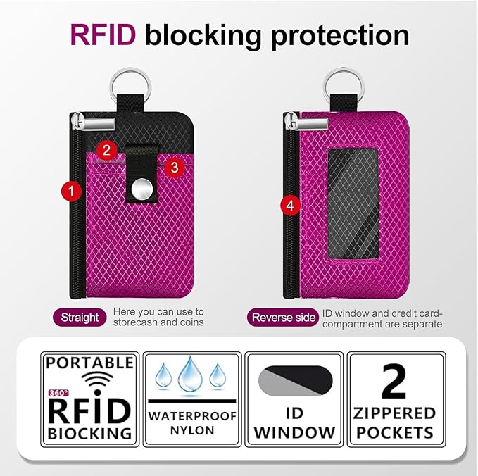 Minimalist RFID Blocking Small Wallet with ID Window,WaterResistant Zip Id Case Wallet with Lanyard Keychain for Cards,Cash,Travel,Women,Men (Purplish Red/Black)