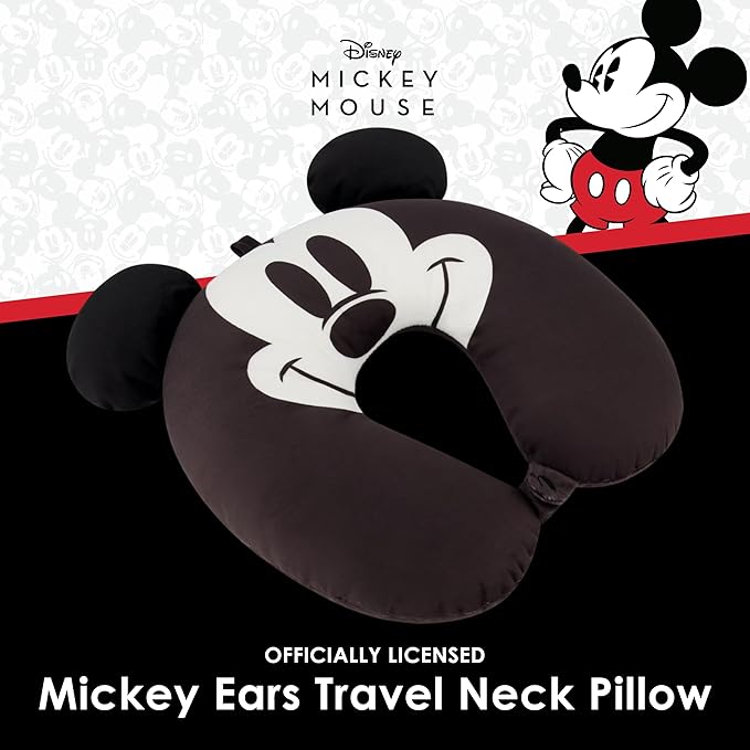 FUL Disney Mickey Mouse Neck Pillow, Travel Accessories with 3D Ears for Airplane, Car and Office, Comfortable and Breathable, Black