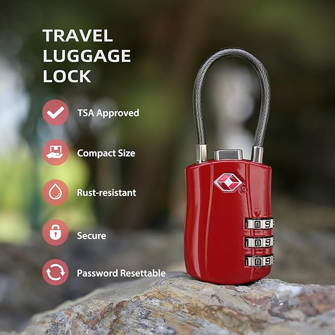TSA Locks for Luggage, Small Padlock Combination with Cable, Luggage Locks TSA Approved, Combo Padlock with Code, for Travel Suitcase, Gym Locker, Gun Case, Backpack Zipper (Black+Red)