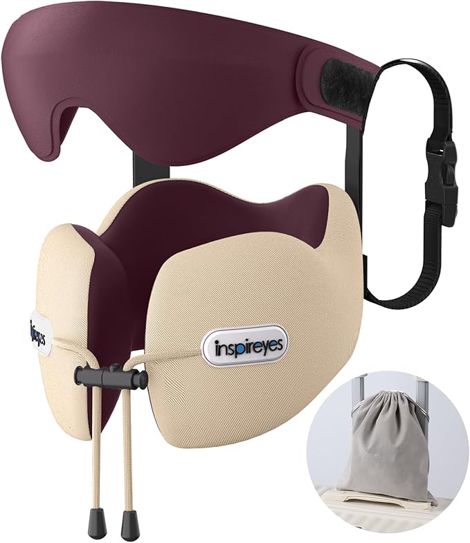 Inspireyes Neck Pillow, Travel Pillow with Seat Strap, 3D Sleep Mask, Dual Support Neck Head, High Supportive Foam Airplane Pillow for Long Flight Road Trip, Stop Bobblehead Travel Essential, Beige